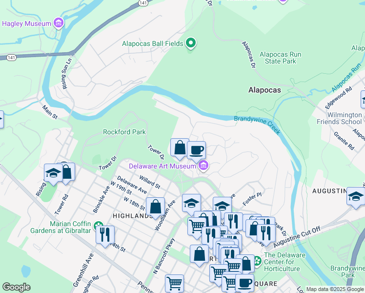map of restaurants, bars, coffee shops, grocery stores, and more near 33 Rockford Road in Wilmington