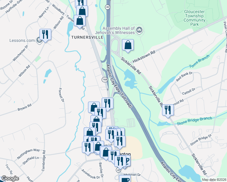 map of restaurants, bars, coffee shops, grocery stores, and more near Highway 42 in Washington Township