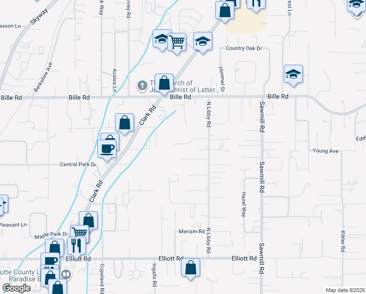 map of restaurants, bars, coffee shops, grocery stores, and more near 1378 Delia Way in Paradise
