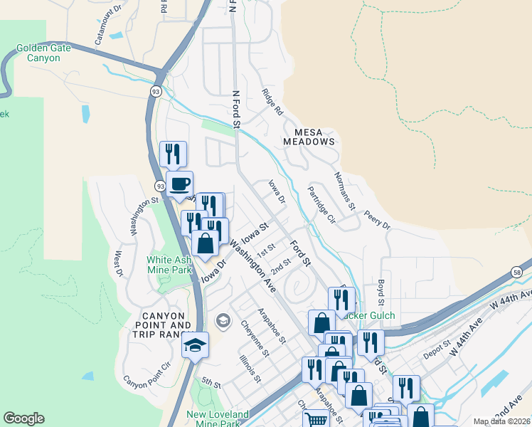 map of restaurants, bars, coffee shops, grocery stores, and more near 615 Iowa Street in Golden
