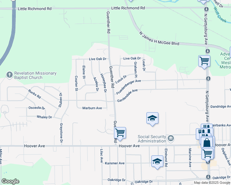 map of restaurants, bars, coffee shops, grocery stores, and more near 1388 Guenther Road in Dayton