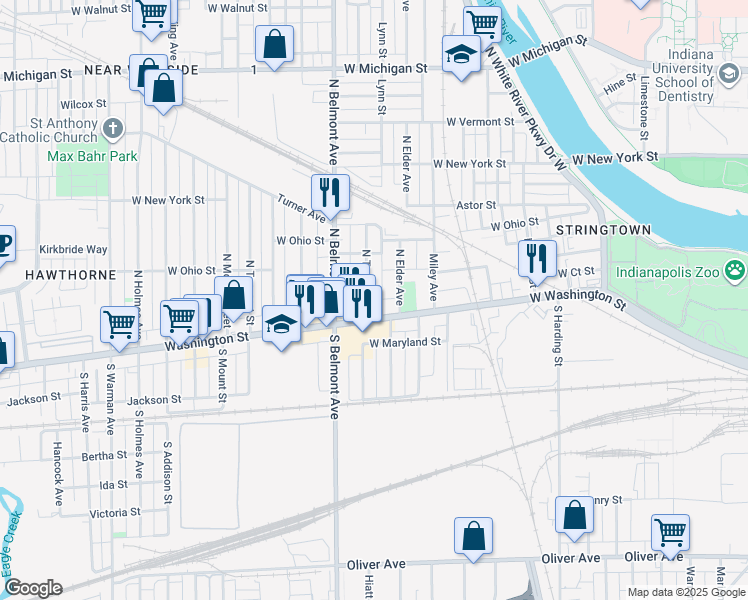 map of restaurants, bars, coffee shops, grocery stores, and more near 17 North Traub Avenue in Indianapolis