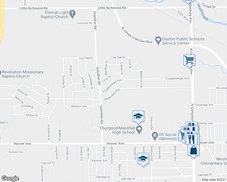 map of restaurants, bars, coffee shops, grocery stores, and more near 4595 Gardendale Avenue in Dayton
