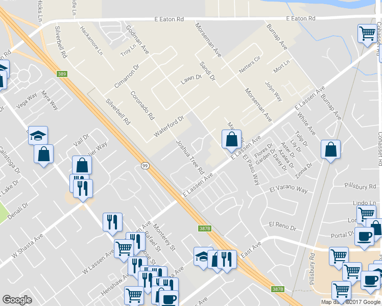 map of restaurants, bars, coffee shops, grocery stores, and more near 550 Morgan Drive in Chico