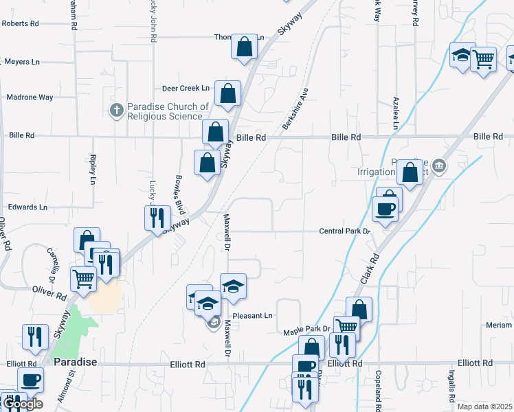 map of restaurants, bars, coffee shops, grocery stores, and more near 6144 Greenwood Drive in Paradise