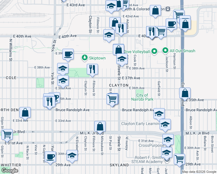 map of restaurants, bars, coffee shops, grocery stores, and more near 3540 Milwaukee Street in Denver