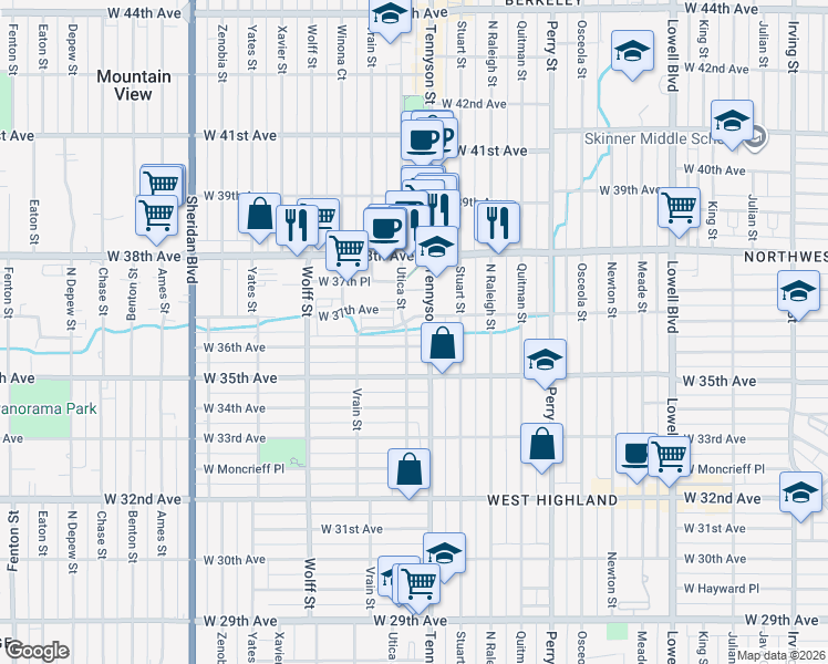map of restaurants, bars, coffee shops, grocery stores, and more near 4500 West 36th Avenue in Denver