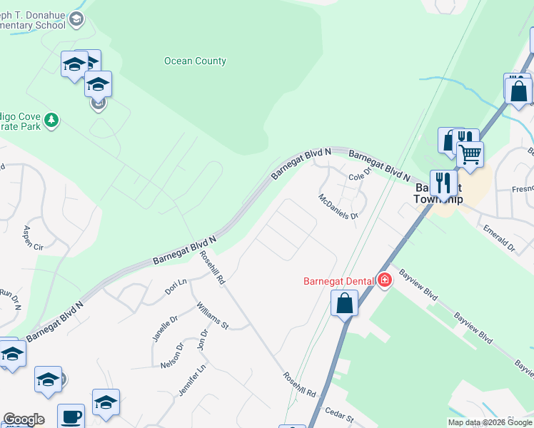 map of restaurants, bars, coffee shops, grocery stores, and more near 119 Emerson Lane in Barnegat Township