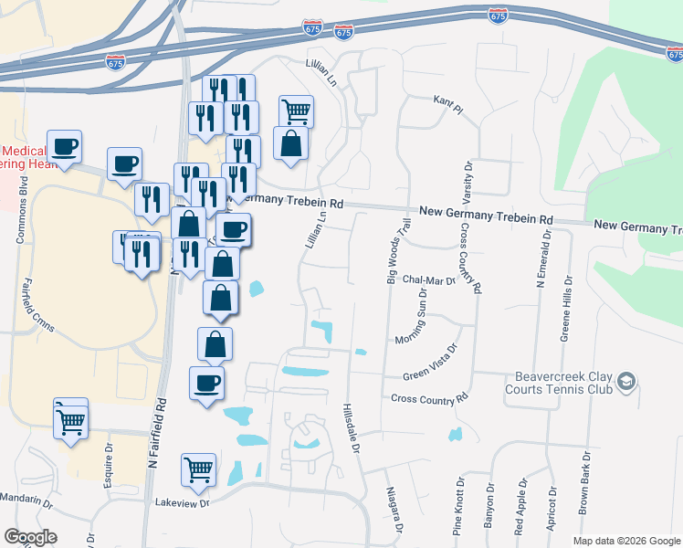 map of restaurants, bars, coffee shops, grocery stores, and more near 3043 Willowbrook Way in Beavercreek