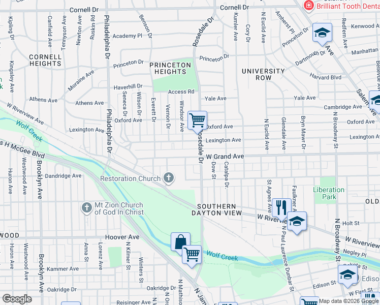 map of restaurants, bars, coffee shops, grocery stores, and more near 1904 West Grand Avenue in Dayton