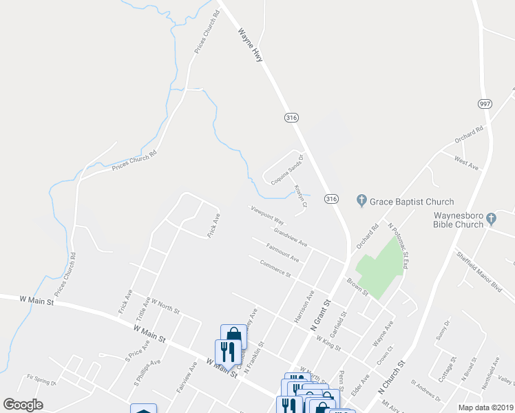 map of restaurants, bars, coffee shops, grocery stores, and more near 391 Viewpoint Way in Waynesboro