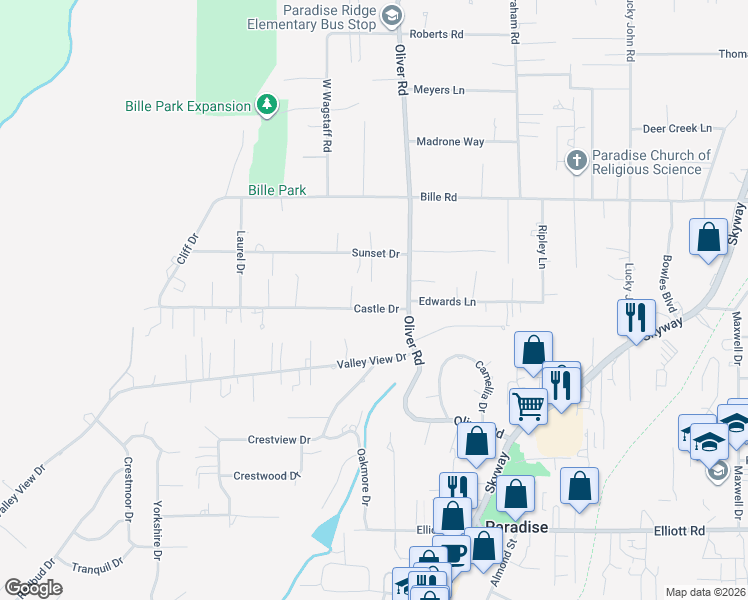 map of restaurants, bars, coffee shops, grocery stores, and more near 613 Castle Drive in Paradise