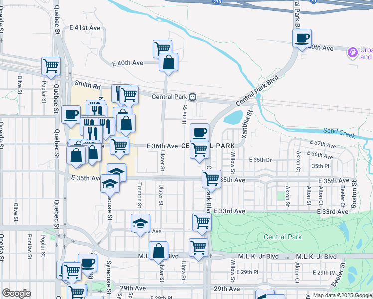 map of restaurants, bars, coffee shops, grocery stores, and more near 3558 Uinta Street in Denver