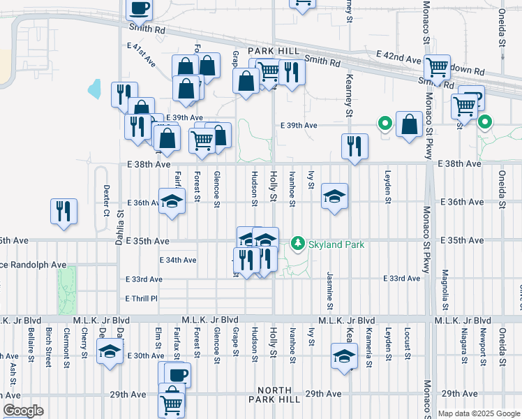 map of restaurants, bars, coffee shops, grocery stores, and more near 3543 Hudson Street in Denver