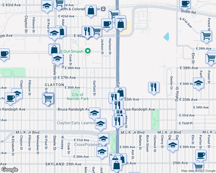 map of restaurants, bars, coffee shops, grocery stores, and more near 3546 Harrison Street in Denver