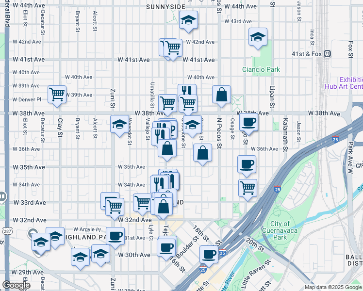 map of restaurants, bars, coffee shops, grocery stores, and more near in Denver