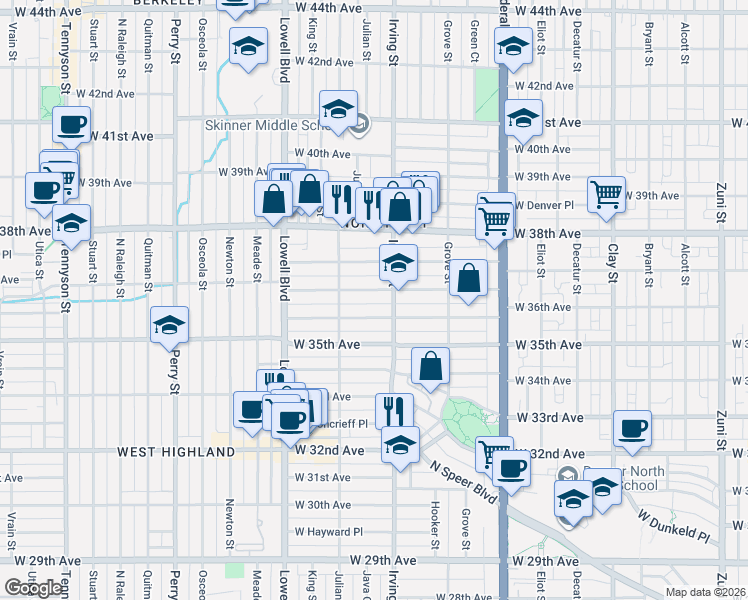 map of restaurants, bars, coffee shops, grocery stores, and more near 3366 West 36th Avenue in Denver