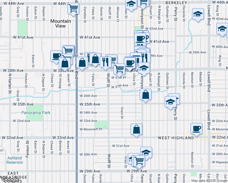 map of restaurants, bars, coffee shops, grocery stores, and more near 4638 West 36th Avenue in Denver