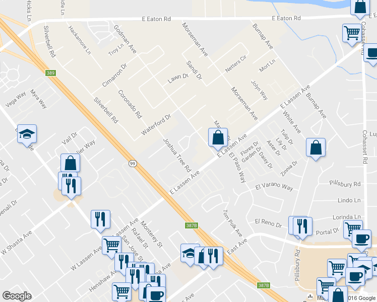 map of restaurants, bars, coffee shops, grocery stores, and more near 560 East Lassen Avenue in Chico