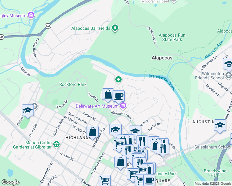 map of restaurants, bars, coffee shops, grocery stores, and more near 45 Ivy Road in Wilmington