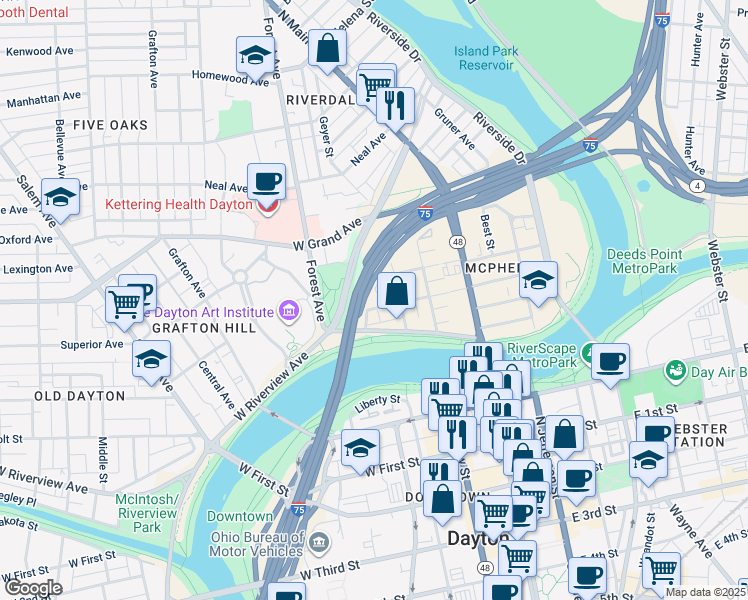 map of restaurants, bars, coffee shops, grocery stores, and more near 10 El Morado Place in Dayton