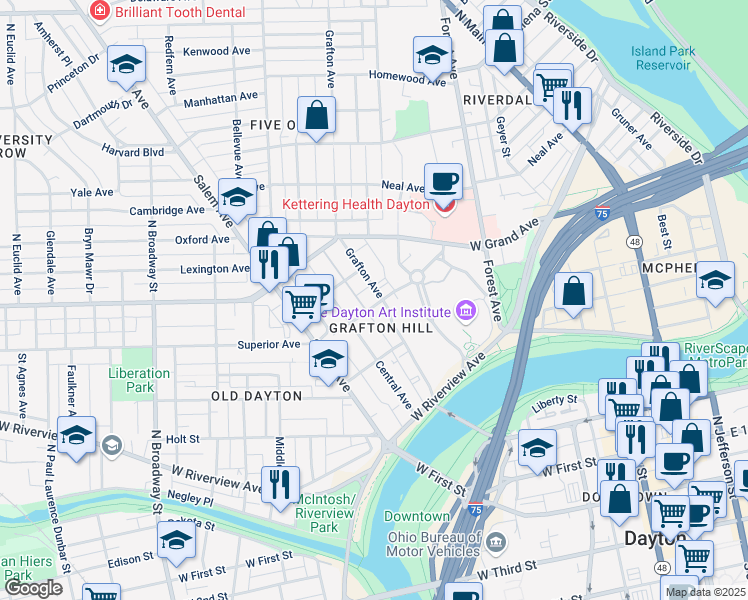 map of restaurants, bars, coffee shops, grocery stores, and more near 137 Grafton Avenue in Dayton