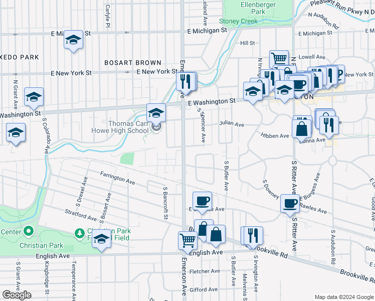 map of restaurants, bars, coffee shops, grocery stores, and more near 5133 Atherton North Drive in Indianapolis