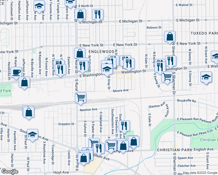 map of restaurants, bars, coffee shops, grocery stores, and more near 70 South Gray Street in Indianapolis