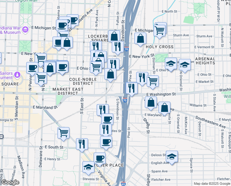 map of restaurants, bars, coffee shops, grocery stores, and more near 711e East Washington Street in Indianapolis