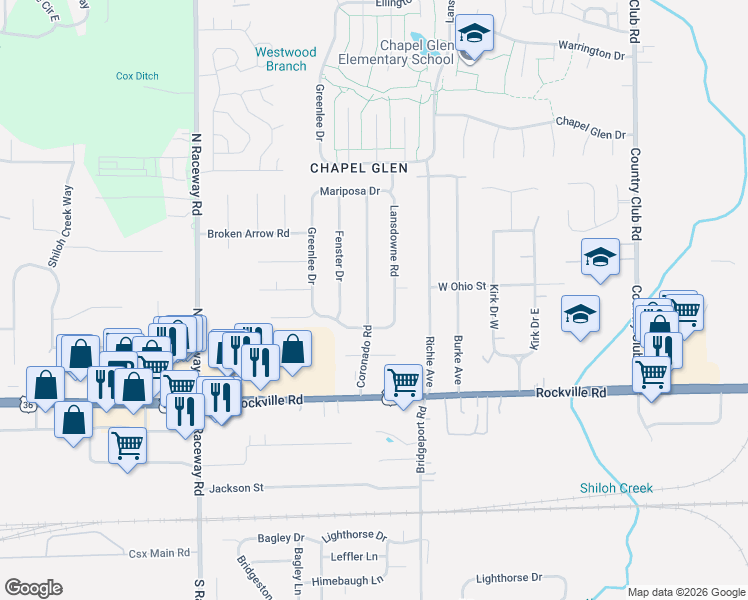 map of restaurants, bars, coffee shops, grocery stores, and more near 8818 Caminito Road in Indianapolis