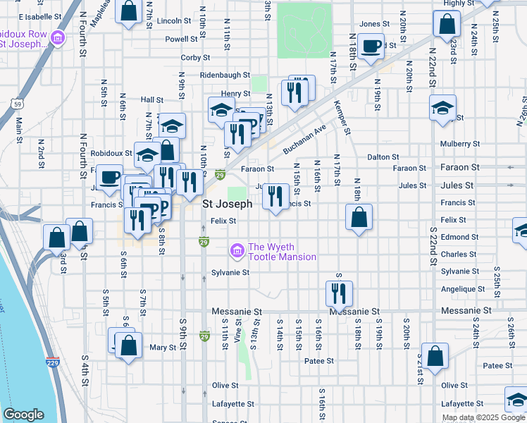 map of restaurants, bars, coffee shops, grocery stores, and more near 1210 Felix Street in Saint Joseph
