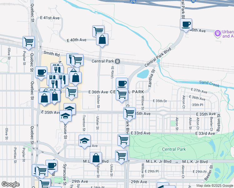map of restaurants, bars, coffee shops, grocery stores, and more near 3558 Uinta Street in Denver