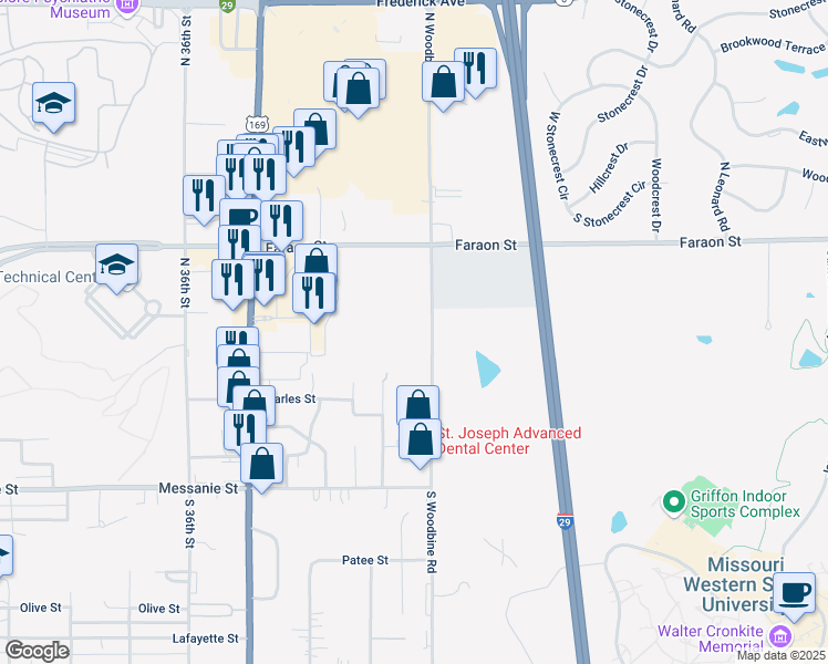 map of restaurants, bars, coffee shops, grocery stores, and more near 102 South Woodbine Road in Saint Joseph