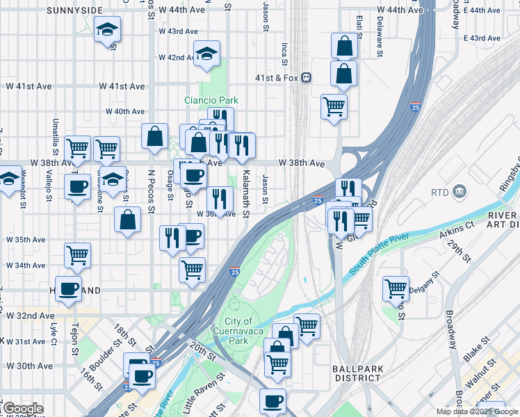 map of restaurants, bars, coffee shops, grocery stores, and more near 3546 Kalamath Street in Denver