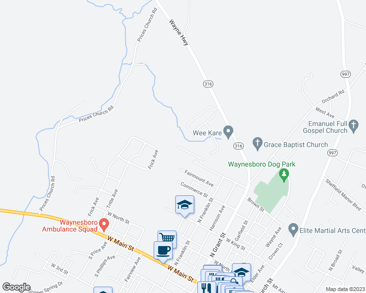 map of restaurants, bars, coffee shops, grocery stores, and more near 397 Viewpoint Way in Waynesboro
