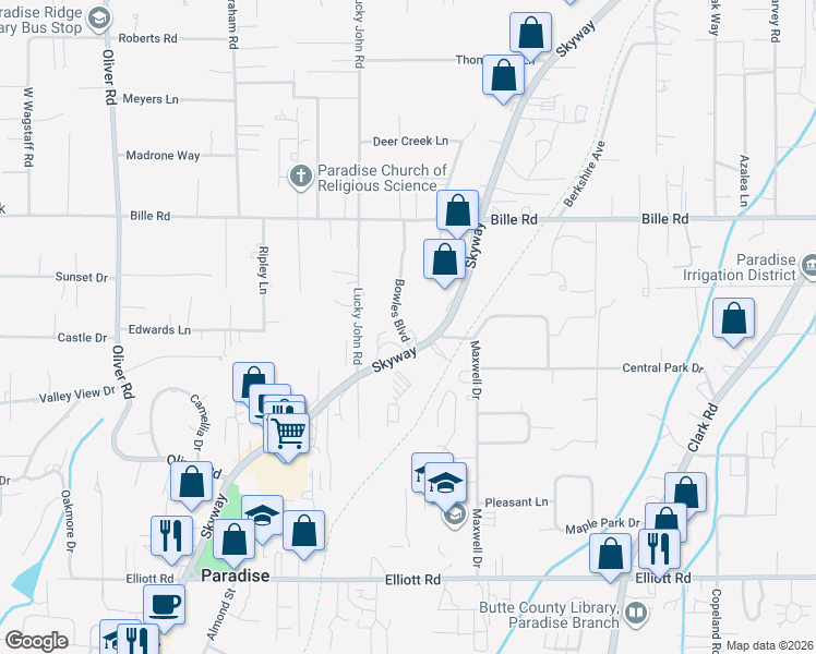 map of restaurants, bars, coffee shops, grocery stores, and more near 7321 Skyway Road in Paradise