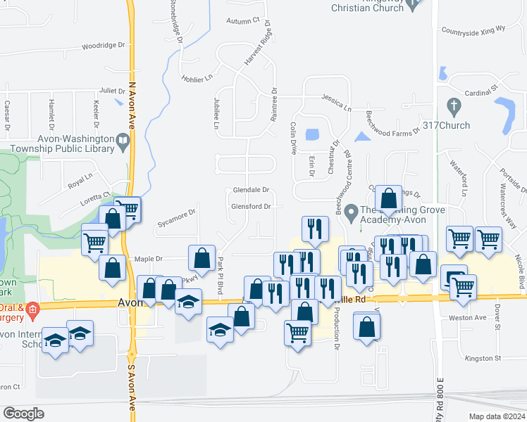 map of restaurants, bars, coffee shops, grocery stores, and more near 7433 Glensford Drive in Avon