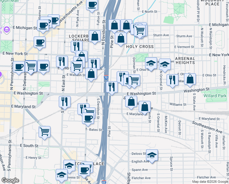 map of restaurants, bars, coffee shops, grocery stores, and more near 921 E Washington St in Indianapolis
