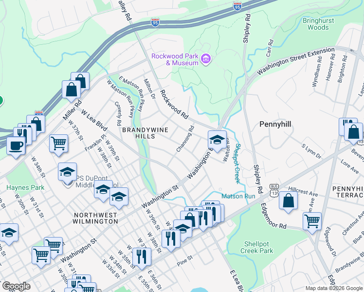 map of restaurants, bars, coffee shops, grocery stores, and more near Channing Road in Wilmington