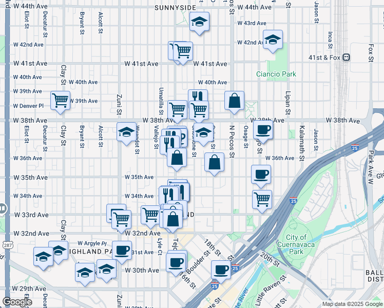 map of restaurants, bars, coffee shops, grocery stores, and more near 1928 West 36th Avenue in Denver