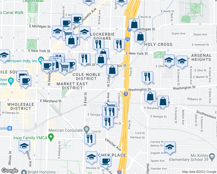 map of restaurants, bars, coffee shops, grocery stores, and more near 3 N College Ave in Indianapolis