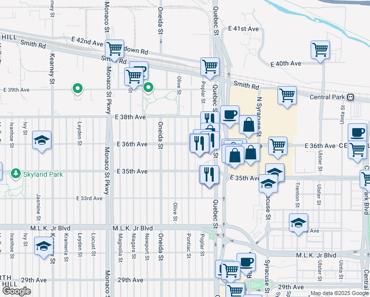 map of restaurants, bars, coffee shops, grocery stores, and more near 3540 Pontiac Street in Denver