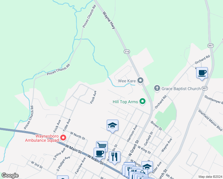 map of restaurants, bars, coffee shops, grocery stores, and more near 403 Viewpoint Way in Waynesboro