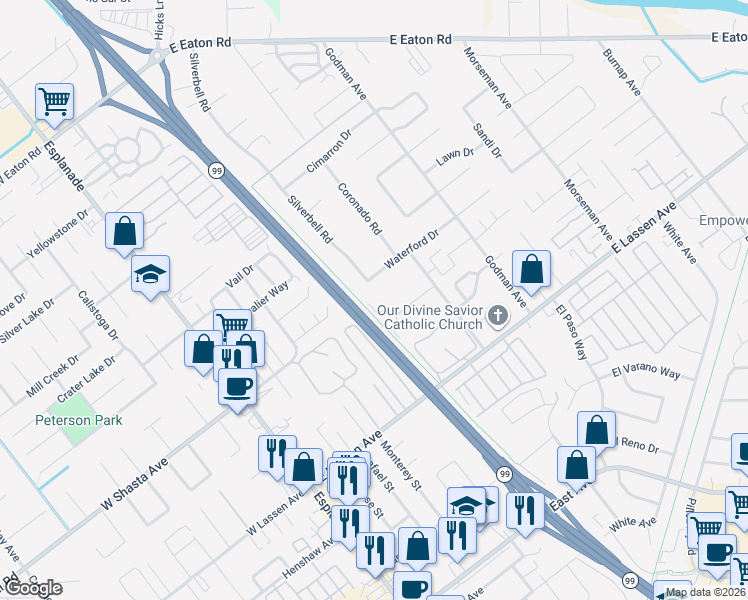map of restaurants, bars, coffee shops, grocery stores, and more near 452 Posada Way in Chico