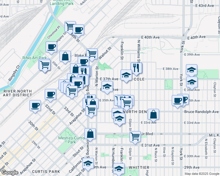 map of restaurants, bars, coffee shops, grocery stores, and more near 3601 Humboldt Street in Denver