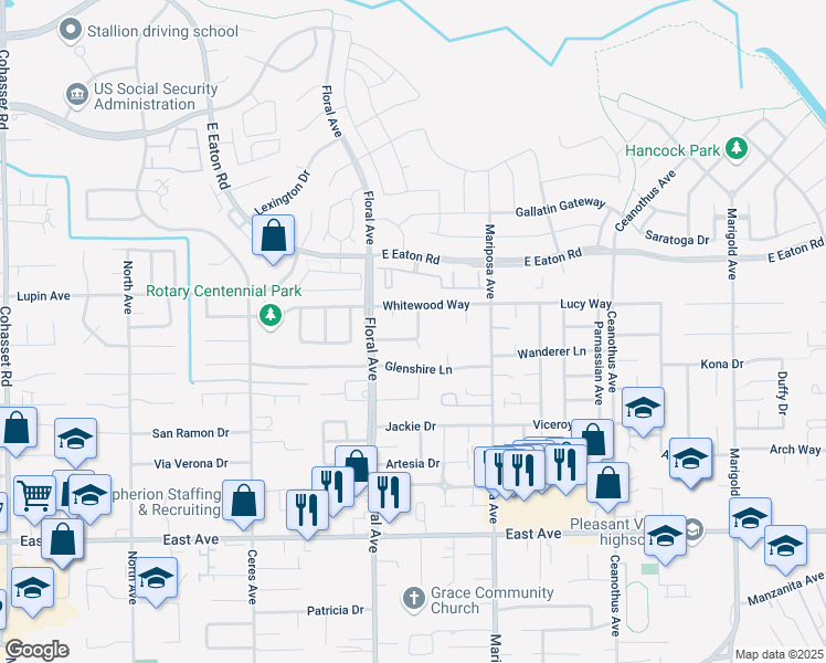map of restaurants, bars, coffee shops, grocery stores, and more near 2 Pauletah Place in Chico