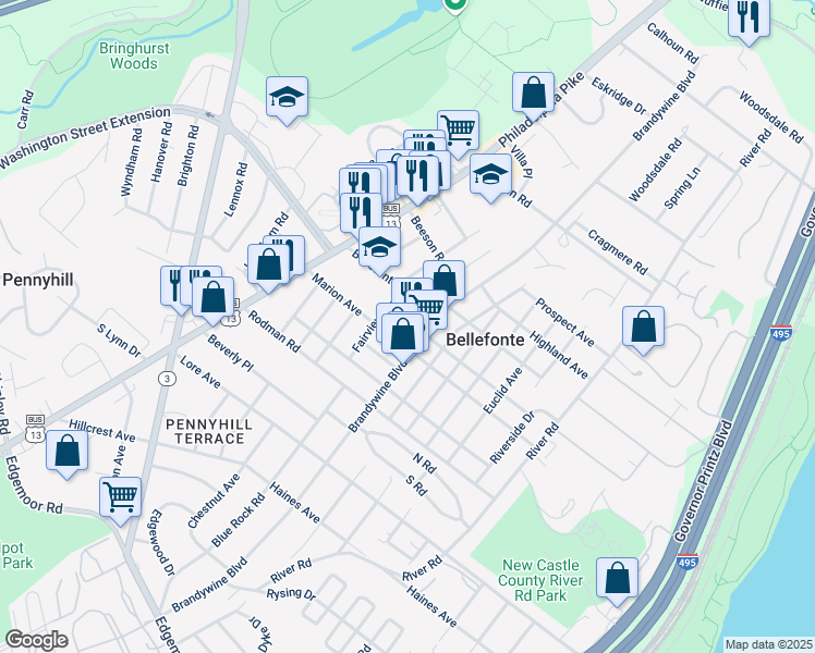 map of restaurants, bars, coffee shops, grocery stores, and more near 500 Elizabeth Avenue in Wilmington