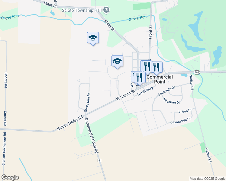 map of restaurants, bars, coffee shops, grocery stores, and more near 26 West Scioto Street in Commercial Point