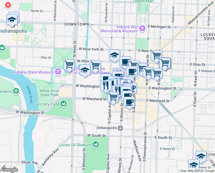 map of restaurants, bars, coffee shops, grocery stores, and more near 225 West Washington Street in Indianapolis