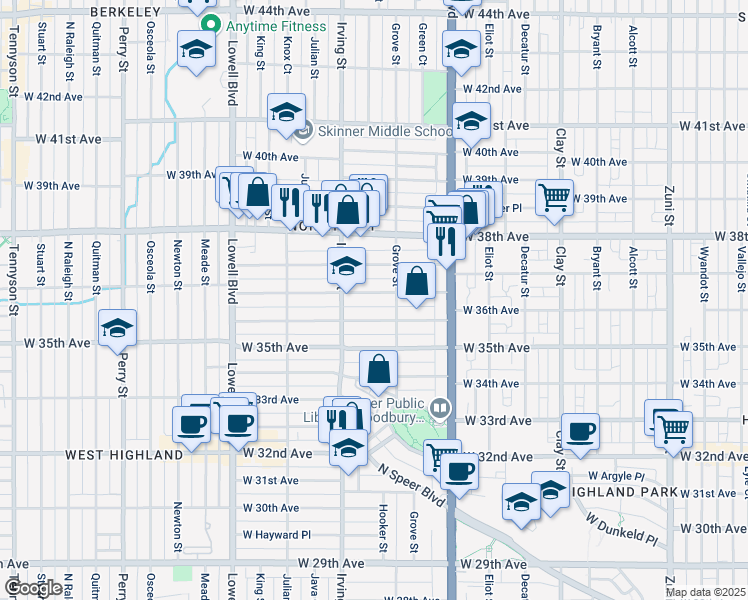 map of restaurants, bars, coffee shops, grocery stores, and more near 3131 West 36th Avenue in Denver